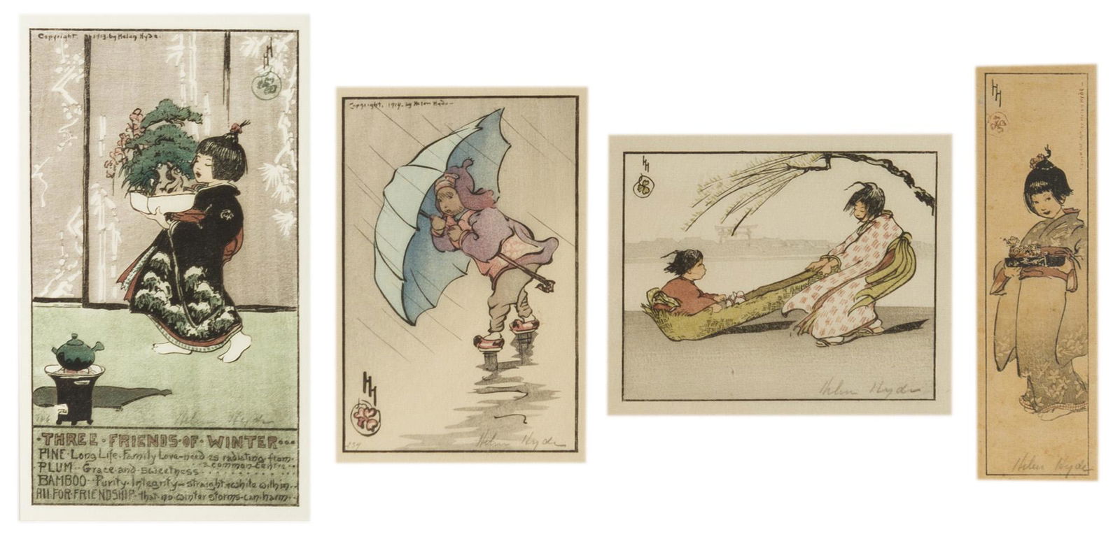 Helen Hyde (1868-1919 Pasadena, CA): "The Windy Ride" and young Japanese children (four works) Each: Color woodblock on paper under glass Each: Signed lower right: Helen Hyde, each initialed in the plate and with the artist's