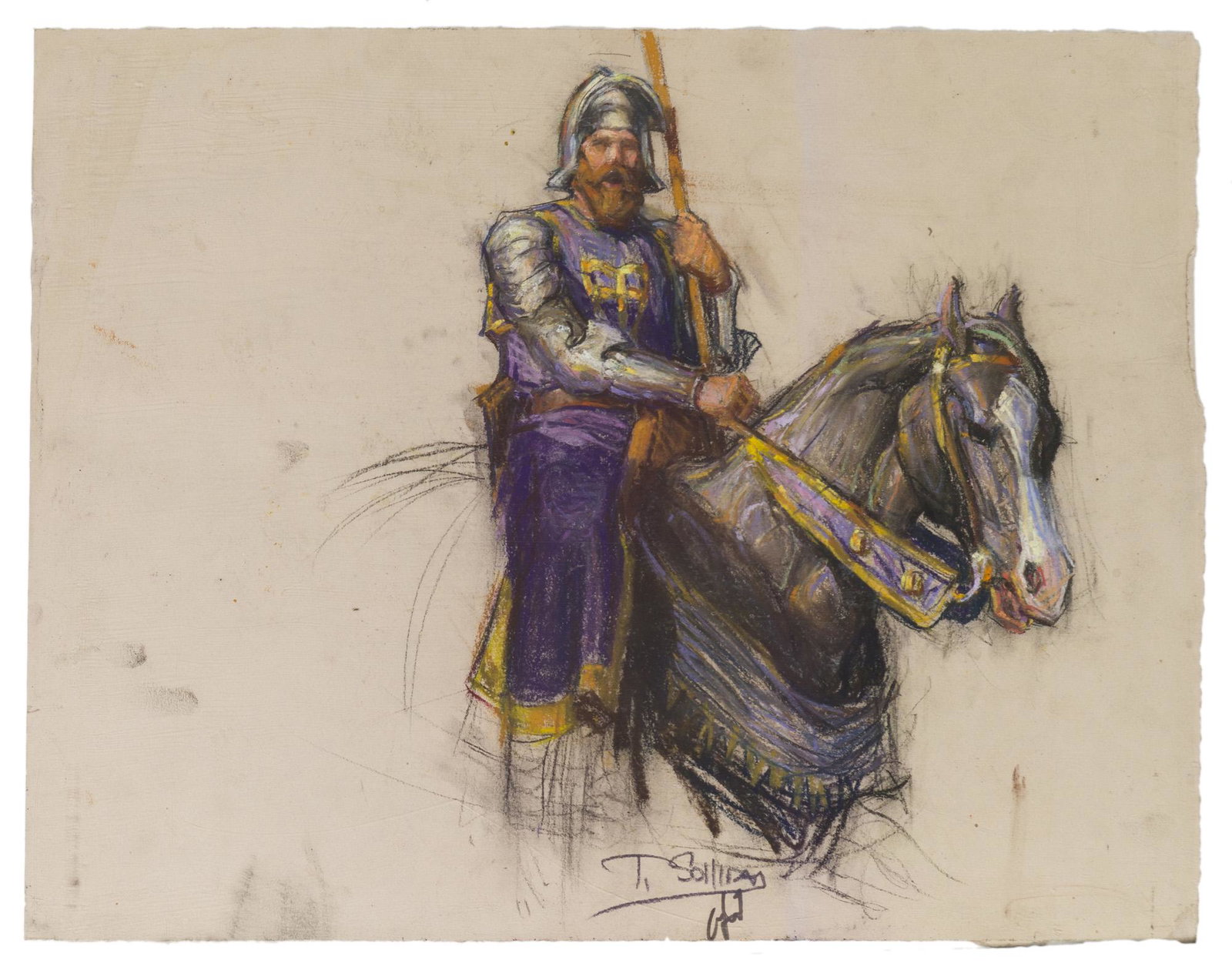 Tim Solliday (b. 1952 Alhambra, CA): Knight in armor on horseback Pastel on paper under Plexiglas Signed lower center: Tim Solliday Sheet: 14" H x 17.5" W