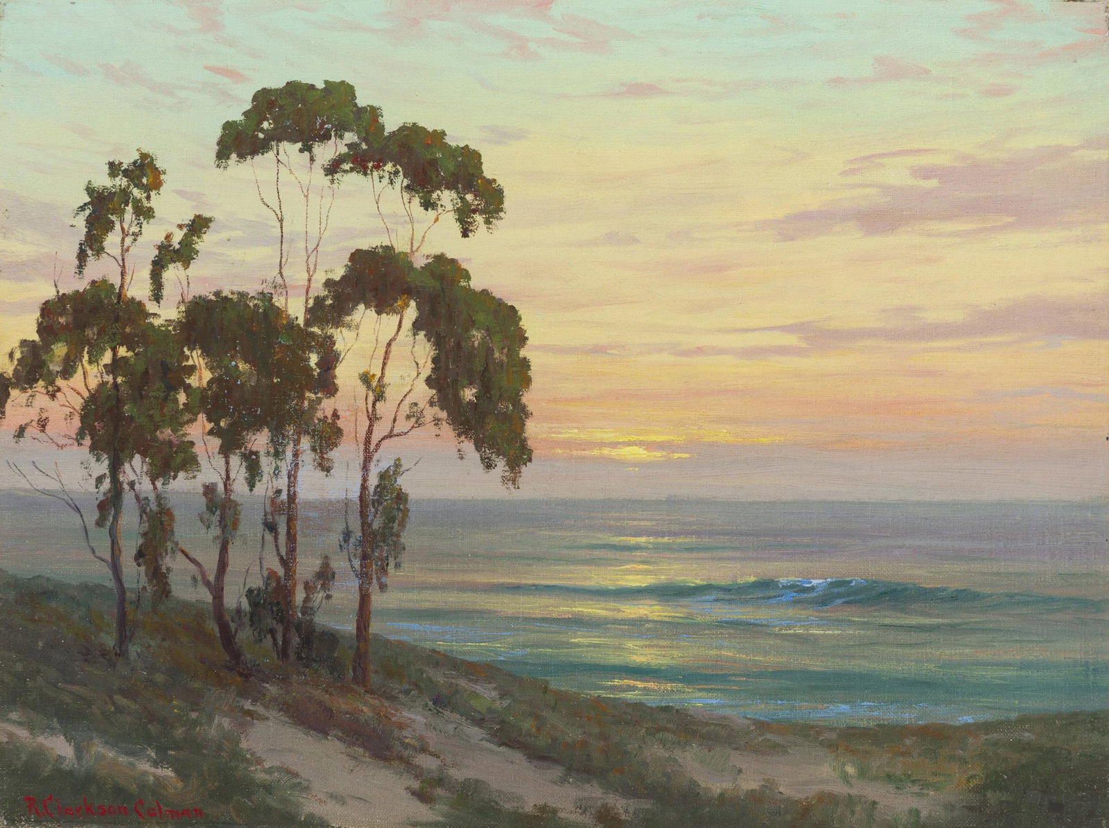 Roi Clarkson Colman (1884-1945 Laguna Beach, CA): Coastal at sunset Oil on canvas laid to canvas Signed lower left: R. Clarkson Colman, signed again on the stretcher 18" H x 24" W
