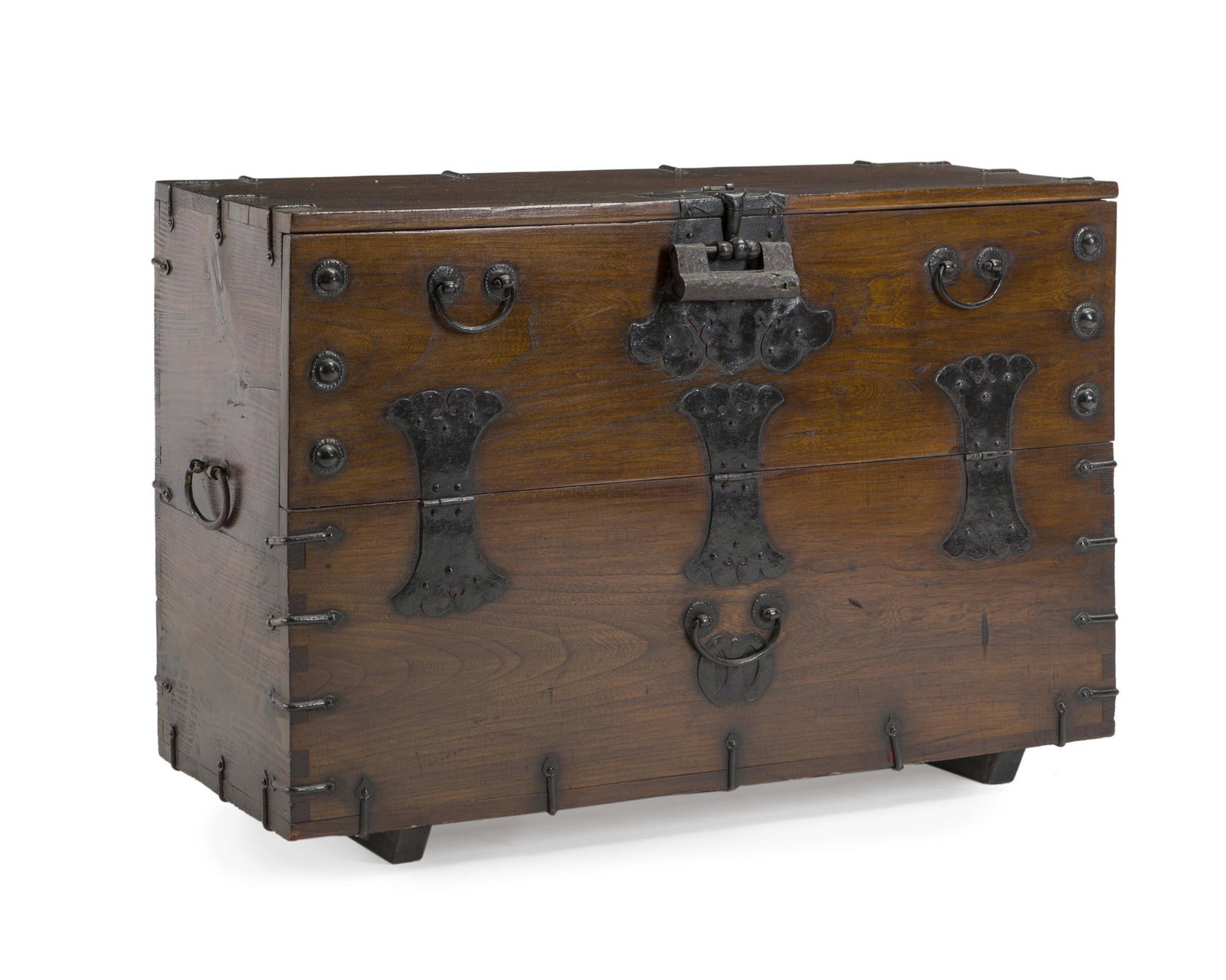 A Korean blanket chest: 20th century Walnut finish with iron hardware 28.5" H x 40.5" W x 17.25" D