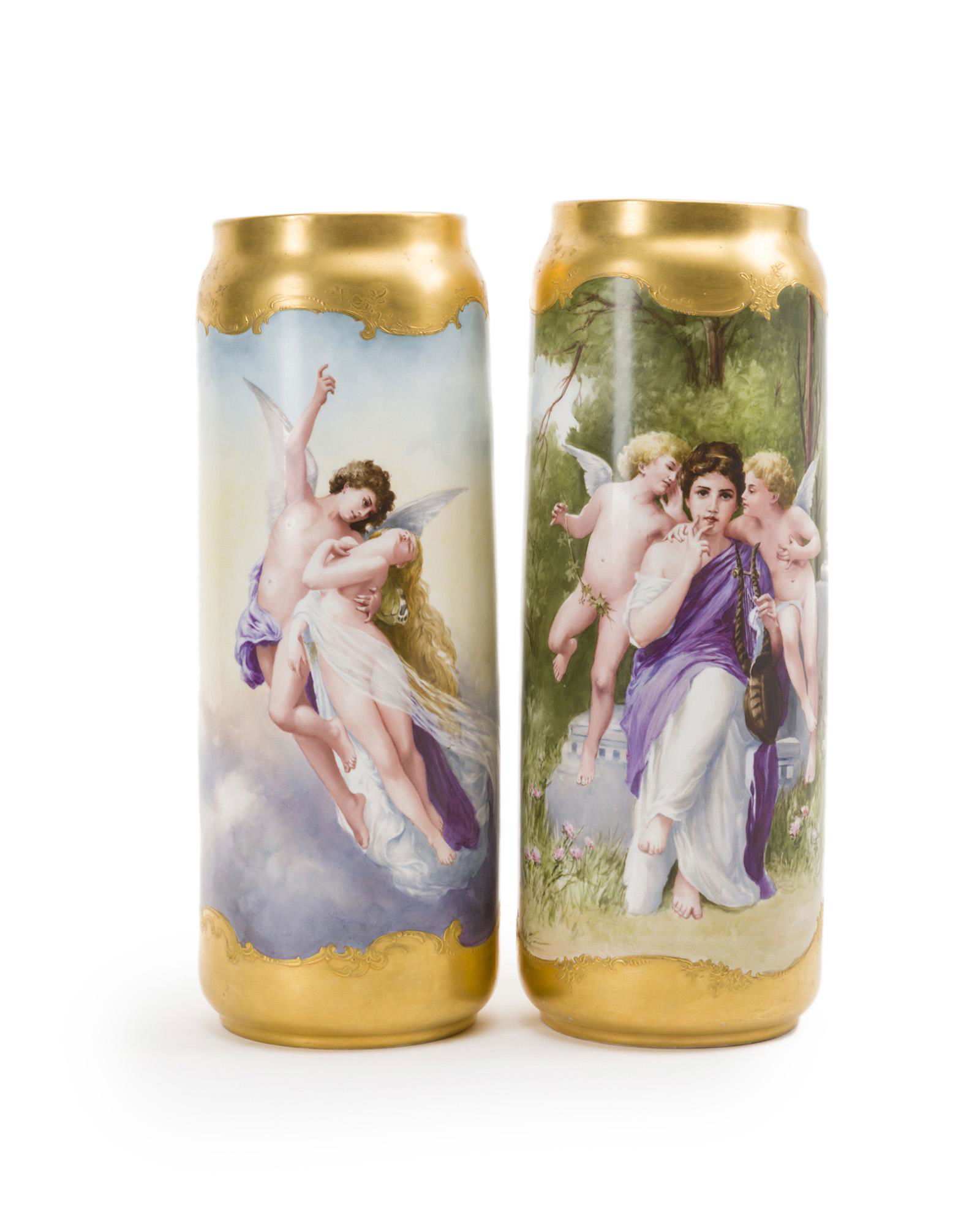 Two Bernardaud & Co. hand-painted porcelain vases: First quarter 20th century Each stamped: B & Co.; Further titled signed: Burdoin Each vase painted with a scene after William-Adolphe Bouguereau (1825-1905 French), comprising one scene after &q