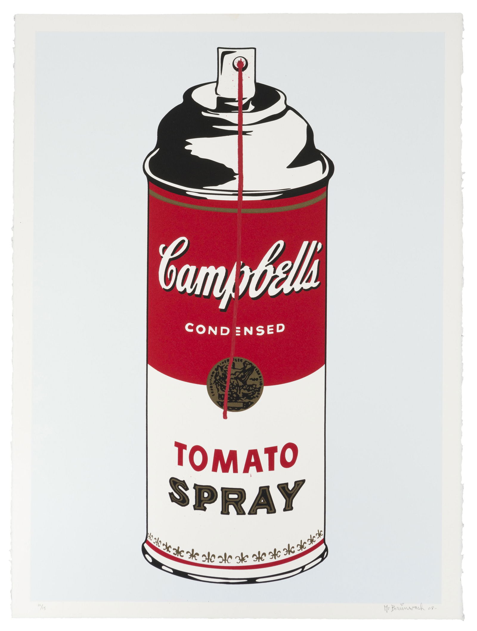 Mr. Brainwash (b. 1966 French): "Tomato Spray," 2008 Color screeprint and mixed media on BFK Rives paper under glass Edition 10/15, signed and dated lower right: Mr. Brainwash Image: 28.25" H x 20.5" W; Sheet: