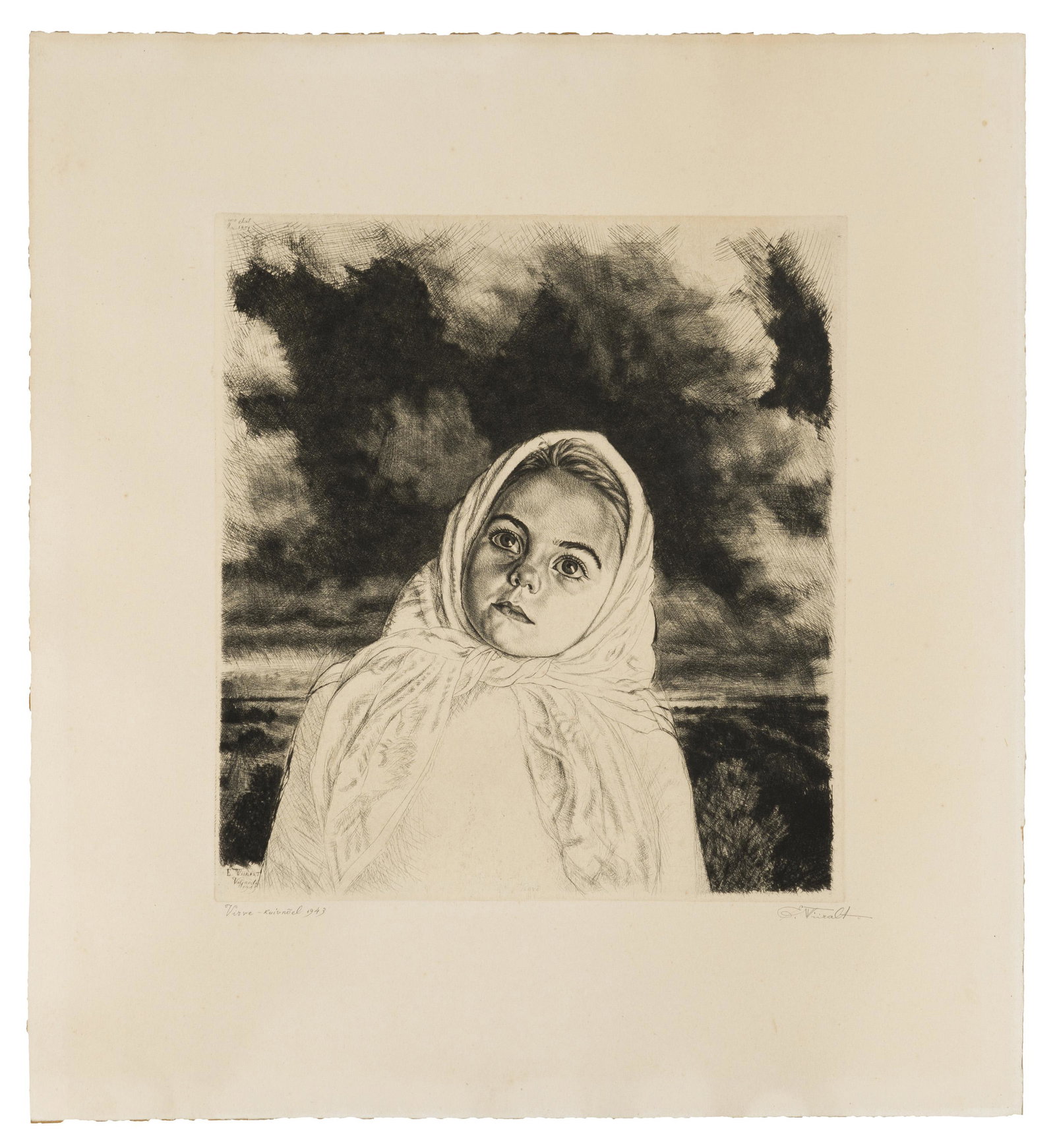Eduard Wiiralt (1898-1954 Estonian): "Virve," 1943 Drypoint on paper under glass Signed lower right: E. Wiiralt, dated and inscribed lower left; inscribed verso: 25 V 1951 Plate: 13.75" x 12.5" W; Sheet: 21.5" H 