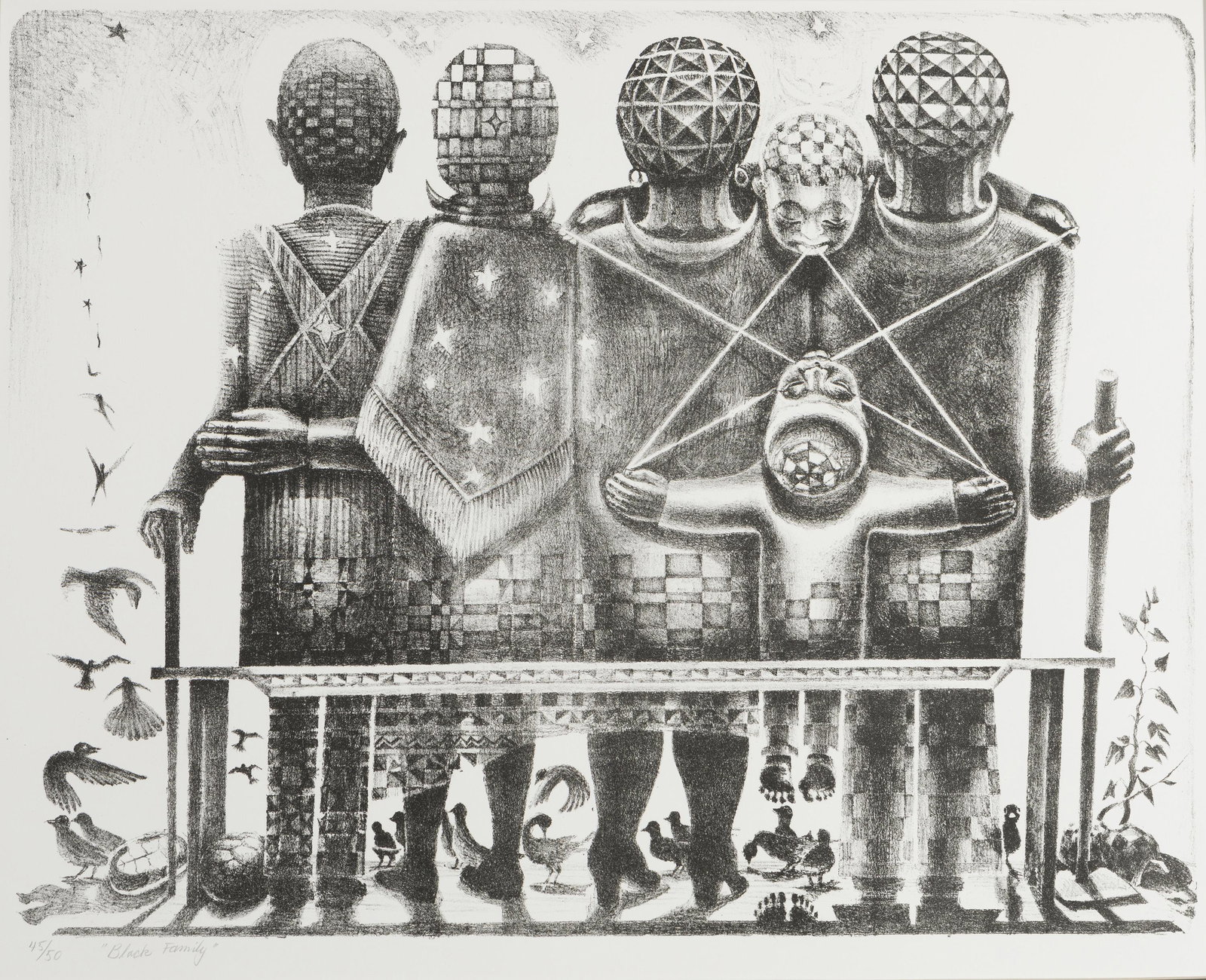 John Biggers (1924-2000 American): "Black Family (Family of Six)," 1986 Lithograph on white wove paper; Robert Blackburn Printmaking Workshop, New York, prntr. Edition 45/50, unsigned, titled in pencil in the lower left margi