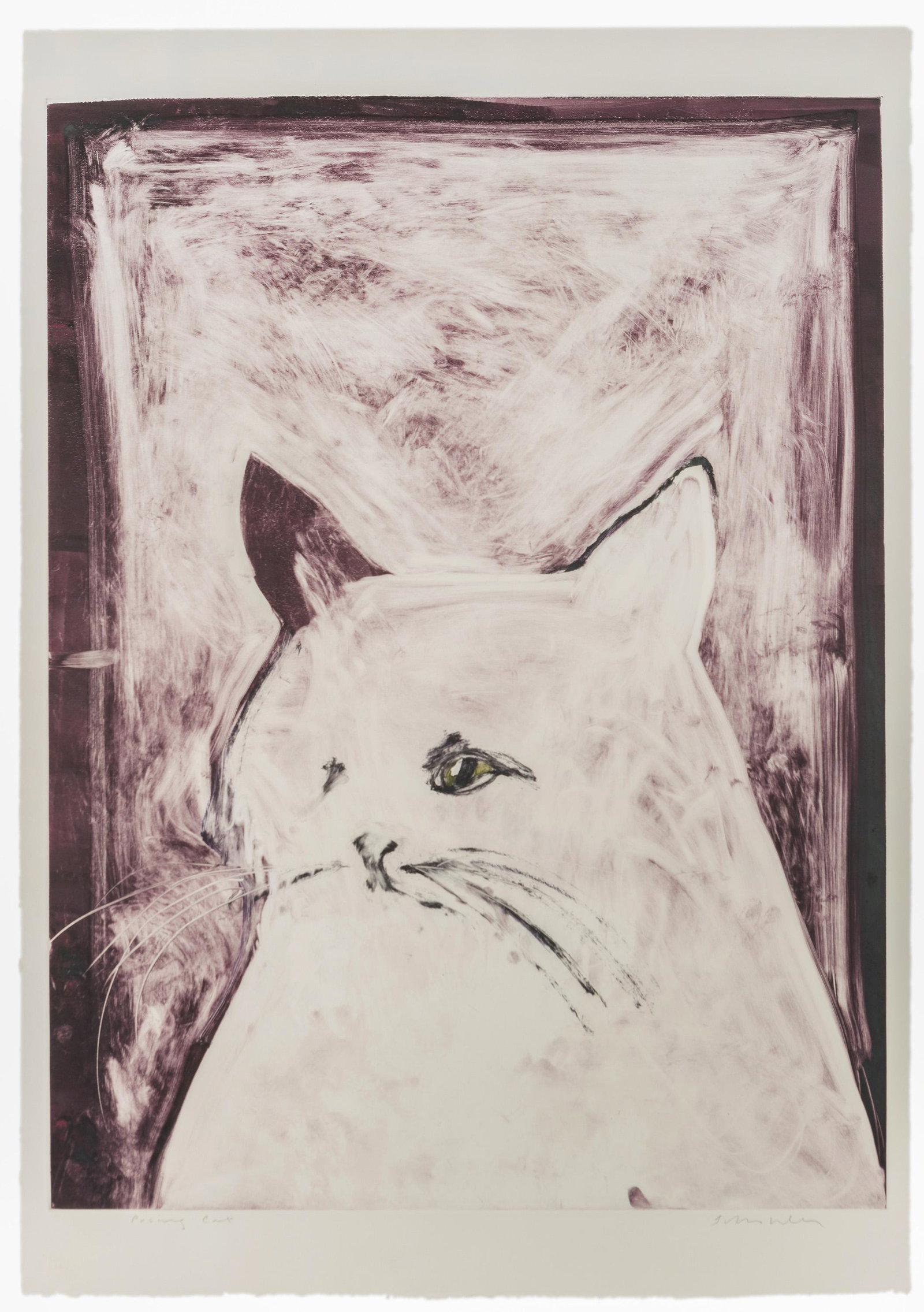 Fritz Scholder (1937-2005 American): "Posing Cat" Monotype on paper under glass Signed lower right: Fritz Scholder, titled lower left Plate: 36.5" H x 27.5" W; Sheet: 41.5" H x 29.25" W