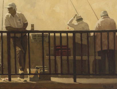 Richard Bunkall (1953-1999 Pasadena, CA): Pier scene with fishermen Oil on canvas Signed lower right: Bunkall, numbered on the stretcher: #799 22" H x 28" W