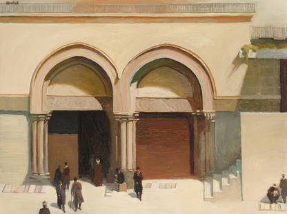 Richard Bunkall (1953-1999 Pasadena, CA): Figures outside a mosque Oil on canvas Signed upper left: Bunkall 30" H x 40" W