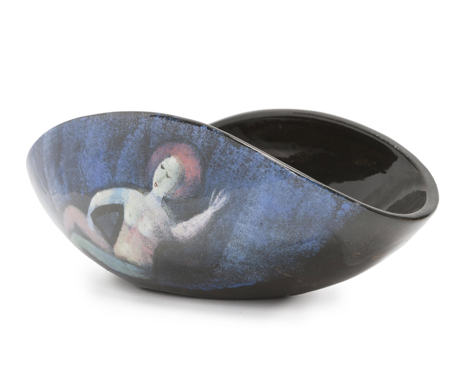 Polia Pillin (1909-1992 Los Angeles, CA): Folded bowl with stylized figures Polychrome-glazed ceramic Signed to bottom: Pillin 4.25" H x 11.25" W x 6" D