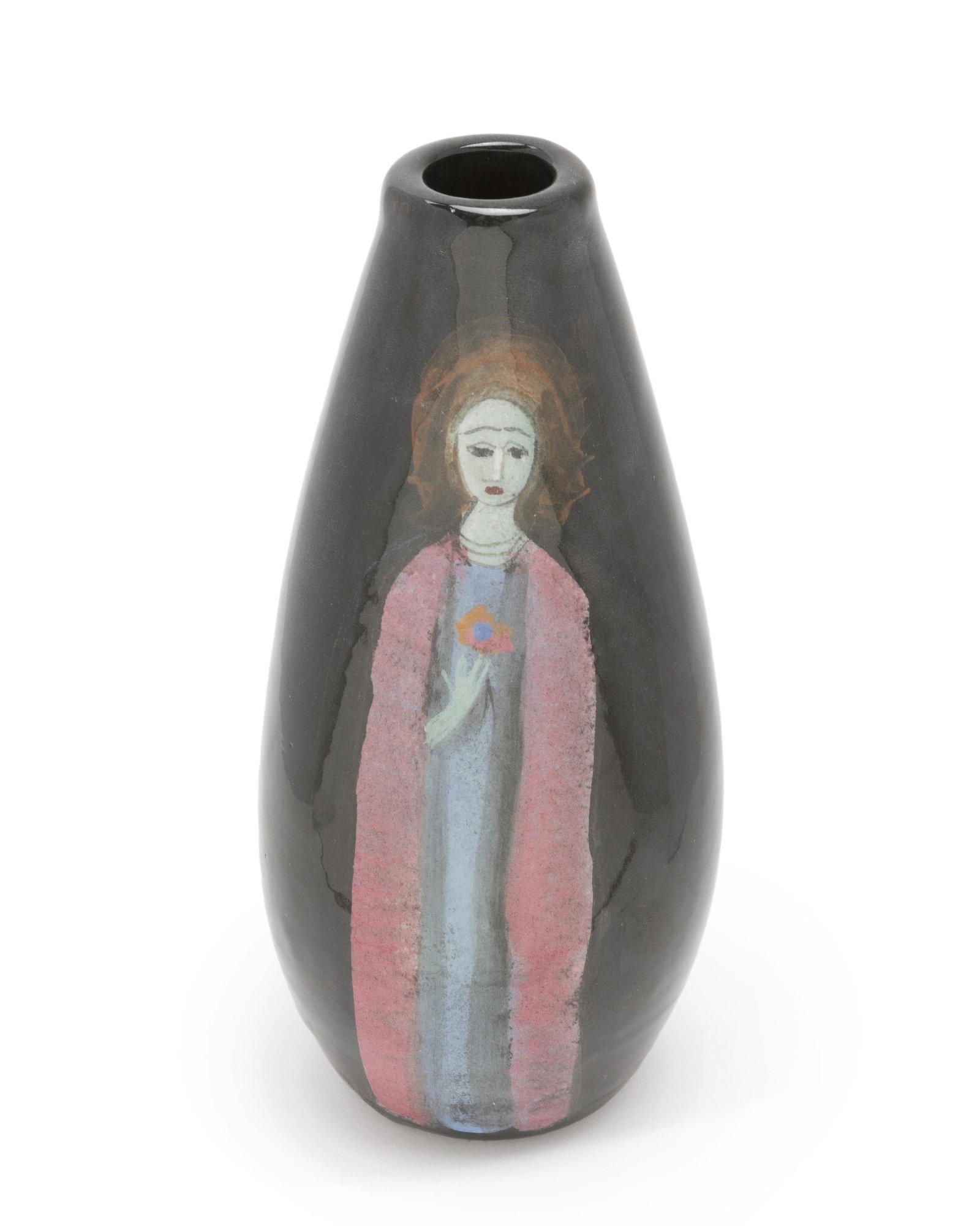 Polia Pillin (1909-1992 Los Angeles, CA): Stylized figural vase Polychrome-glazed ceramic Signed: Pillin 8.325" H x 3.75" W x 3.25" D