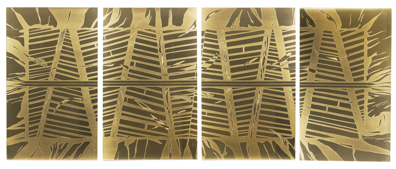 A Christian Heckscher bronze four-panel screen: 2017 Comprising four panels of acid-etched polished to matte bronze Each panel: 24" H x 39" W x 1" D