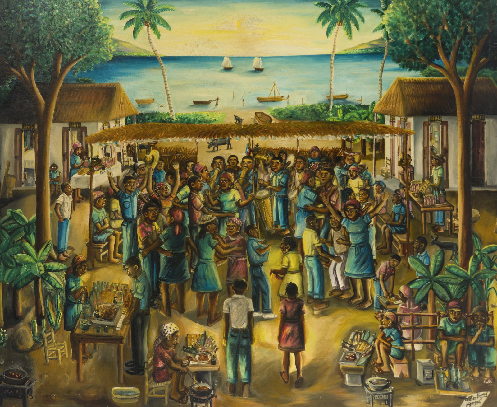 Wilson Bigaud (1931-2010 Haitian): Haitian figures at a beachside bar Oil on canvas Signed and indistinctly inscribed lower right: Wilson Bigaud 39.75" H x 48.75" W