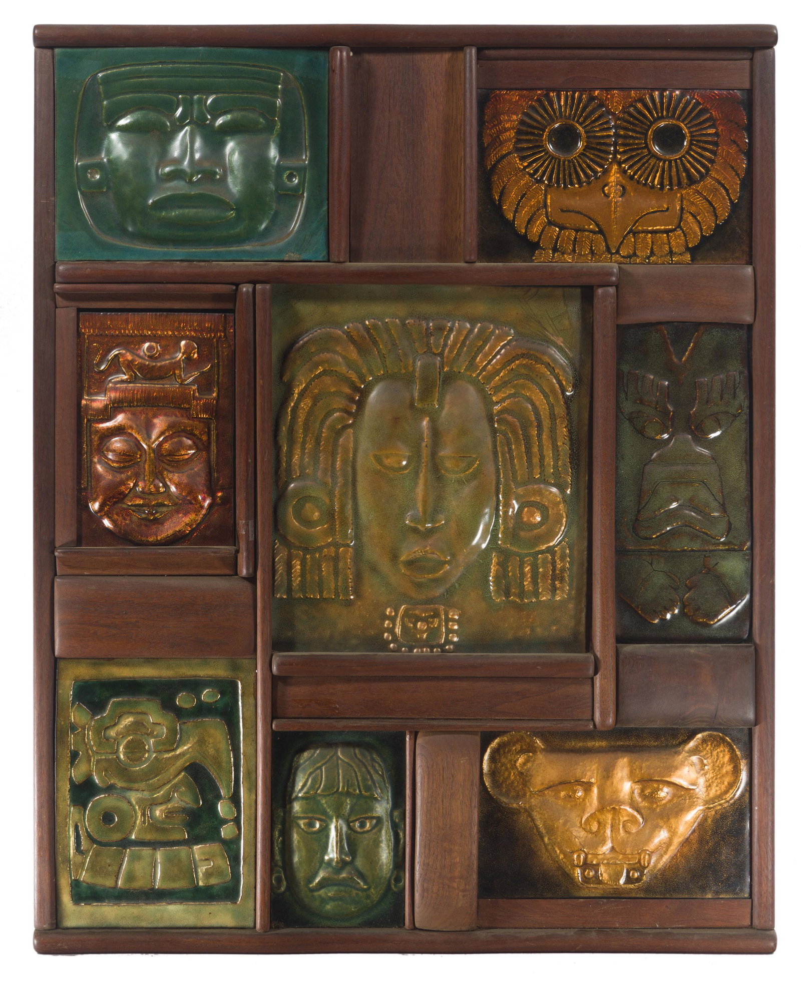 Duval Eliot (1909-1990 La Crescenta, CA): "Impressions of Pre-Columbian Mexico" Enamel on copper mounted to paneled wood frame Estate stamped verso 34.75" H x 27.25" W x 1.5" D Provenance: Estate of the artist, Clarem