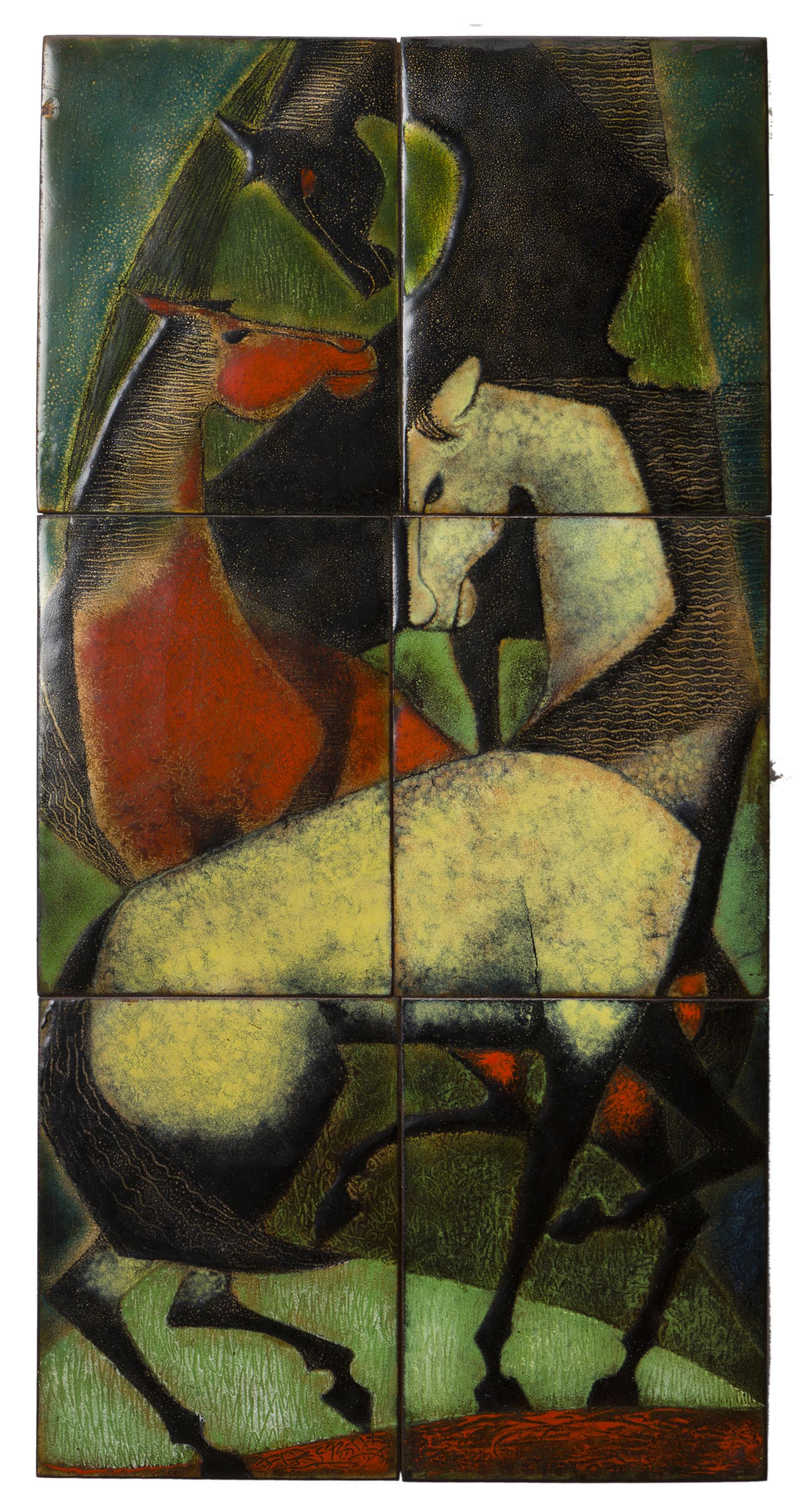 Duval Eliot (1909-1990 La Crescenta, CA): "Three Horses" Enameled copper mounted to wood Signed verso: Duval Eliot 24.25"H x 12.125" W x 1" D Provenance: Estate of the artist, Claremont, CA