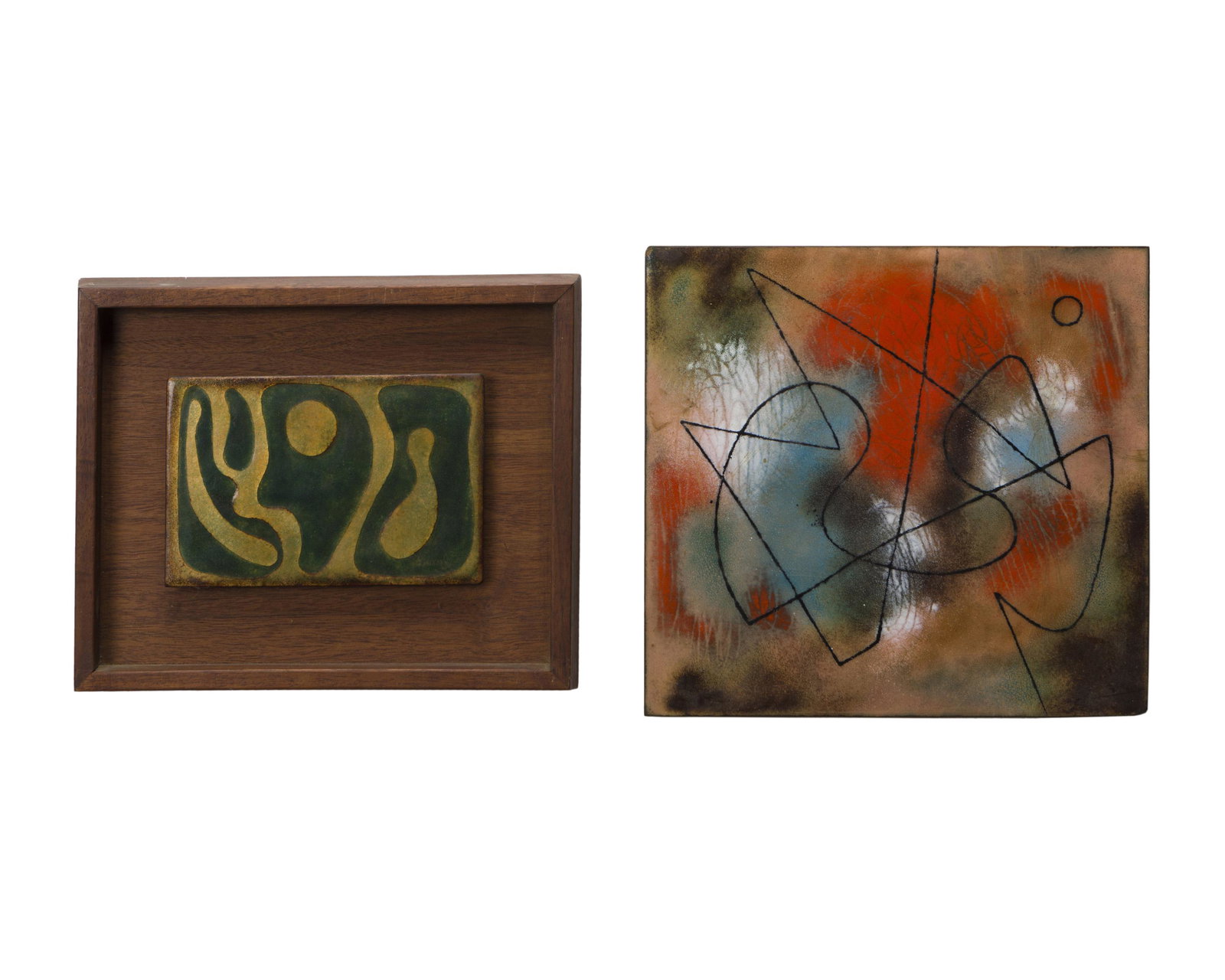 Duval Eliot (1909-1990 La Crescenta, CA): Two works: Abstract panels Each: Enamel on copper backed by wood Each signed: Duval Larger: 9.75" H x 9.25" W Provenance: Estate of the artist, Claremont, CA