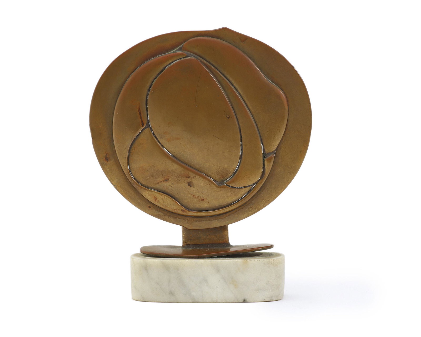 George Baker (1931-1997 American): Abstract disk, 1971 Bronze with marble base Signed and dated: George Baker Bronze: 4.5" H x 4.25" W x 1" D Provenance: The Collection of Cindy Tietze-Hodosh and Stuart Hodosh Notes: Whe