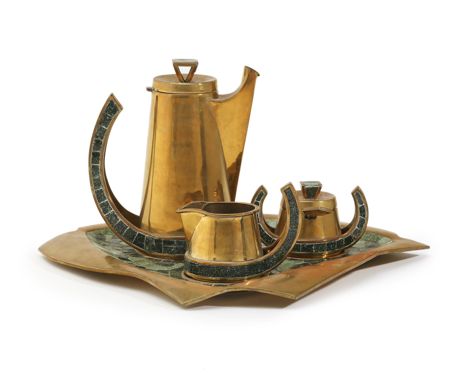 A Salvador Terán brass and mosaic coffee service: Third quarter 20th century Each stamped: Handwrought / Hecho en Mexico / Salvador / 408 Designed with green glass mosaic highlights, comprising a coffee pot (8.5" H x 7.5" W x 4" D), a 