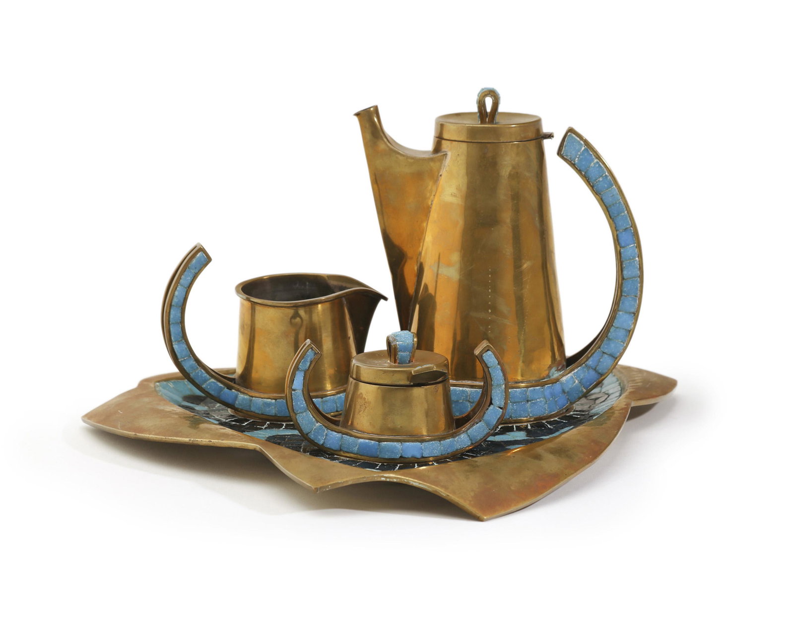 A Salvador Terán brass and mosaic coffee service: Third quarter 20th century Each stamped: Handwrought / Mexico / Salvador / 408 Designed with turquoise and blue glass mosaic highlights, comprising a coffee pot (8.5" H x 7.25" W x 4.25"