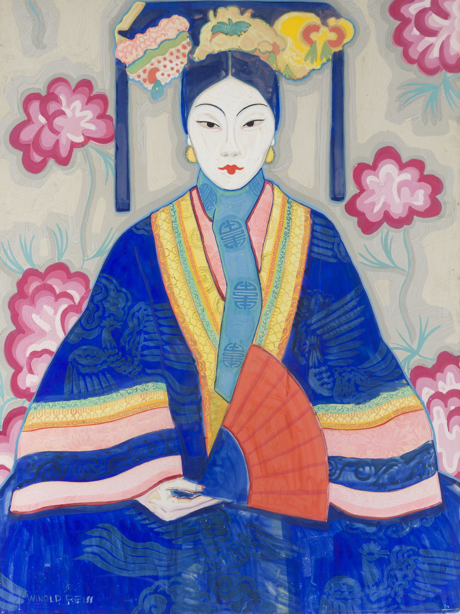 Winold Reiss (1886-1953 Carson City, NV): Mandarin woman with fan Gouache on paper laid to board under Plexiglas Signed lower left: Winold Reiss Sight: 38.75" H x 29.25" W