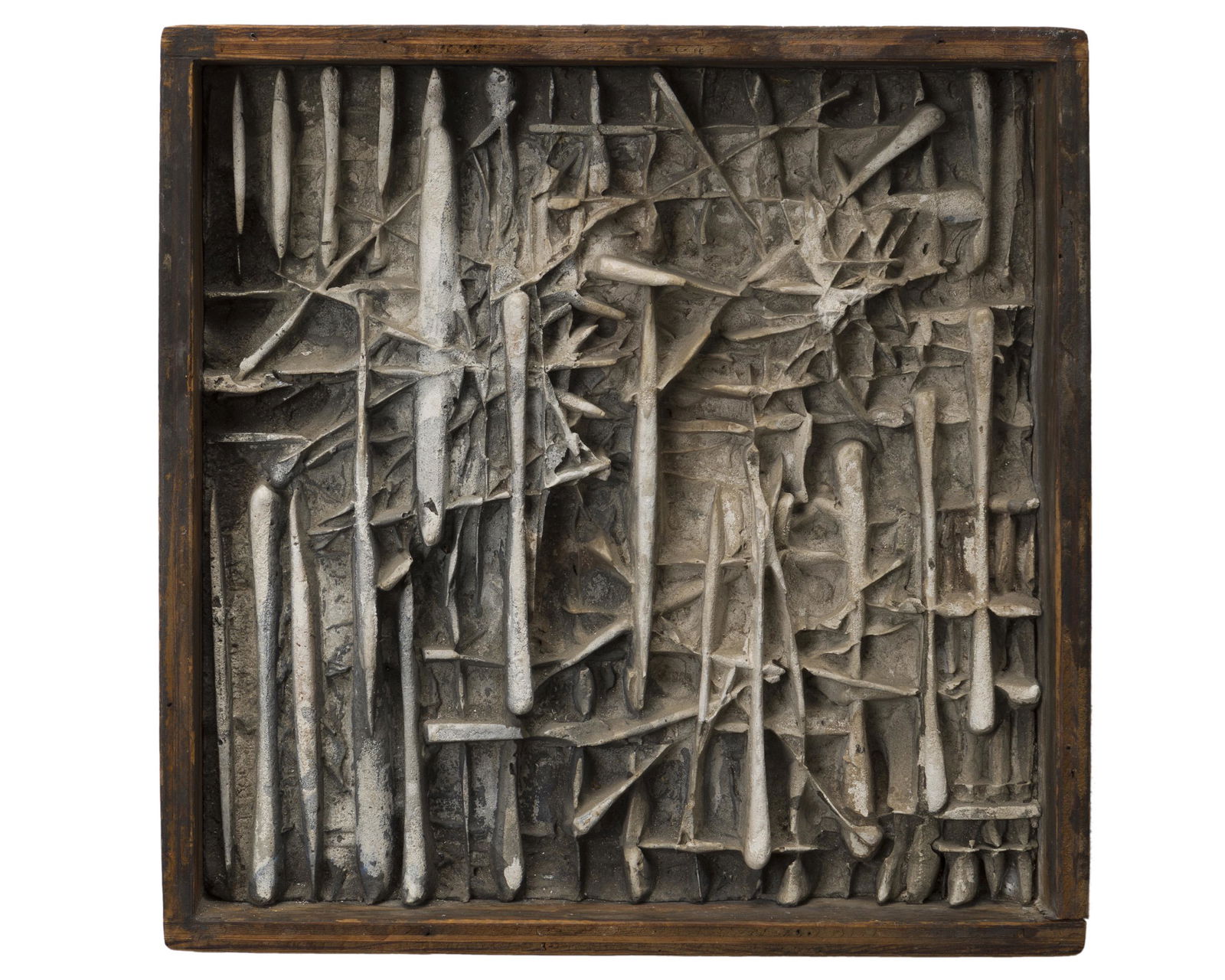 Jan De Swart (1908-1987 American/Dutch): Untitled (Concrete Composition) Cast concrete in wooden frame Apparently unsigned 13" H x 13" W x 2.75" D