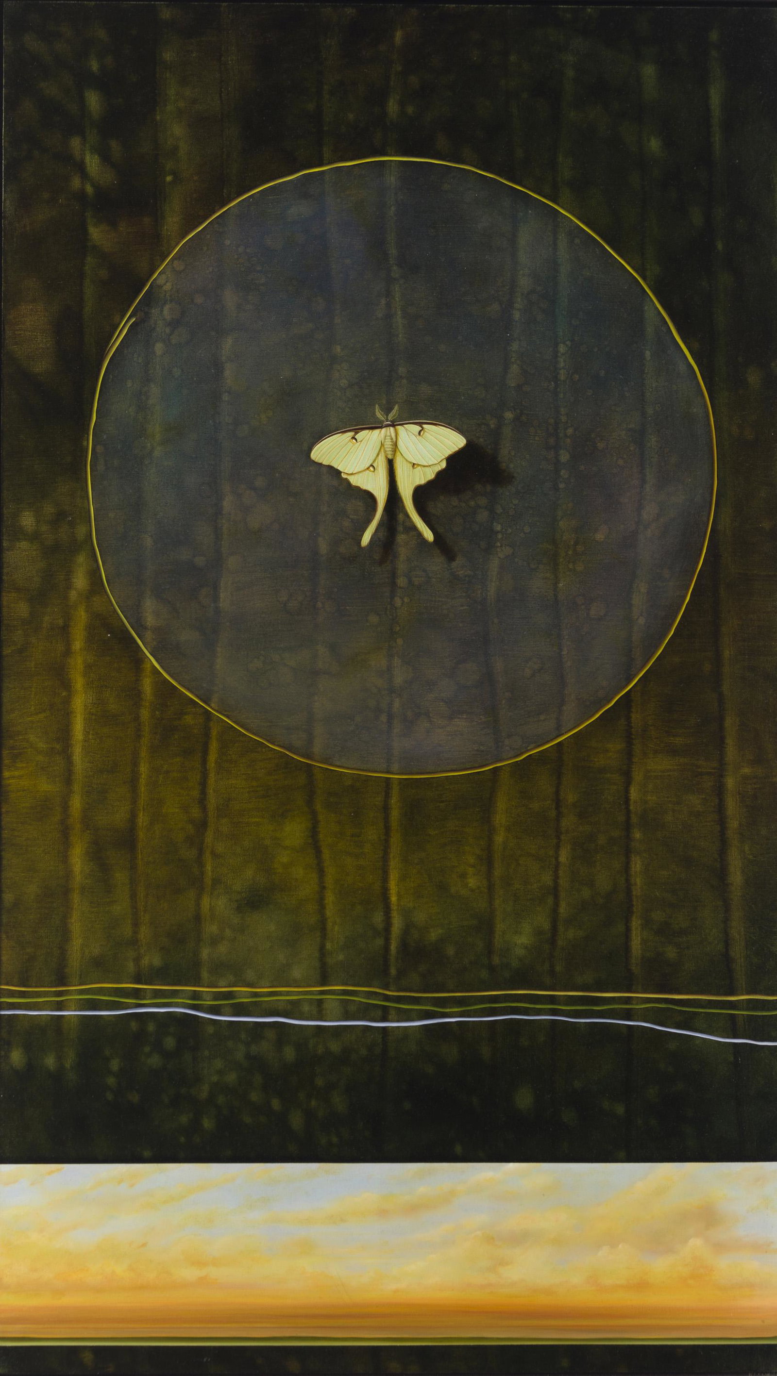 Gregory West (b. 1952 Arizona): "Harvest Moon," 1991 Oil on canvas Signed, titled and dated verso: G. West 42" H x 24" W