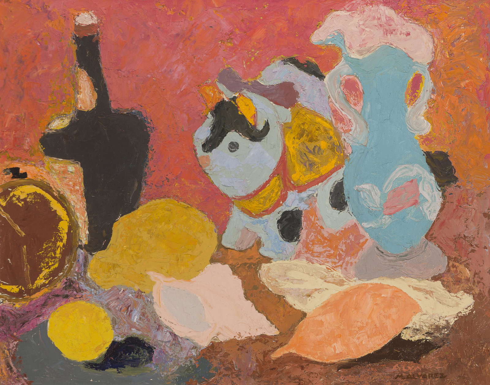 Mabel Alvarez (1891-1985 Los Angeles, CA): Still life with toy Oil on canvasboard Estate signed lower right: M. Alvarez, estate signed again verso, signed on two exhibition labels affixed verso: Mabel Alvarez 16" H x 20" W Exhibition