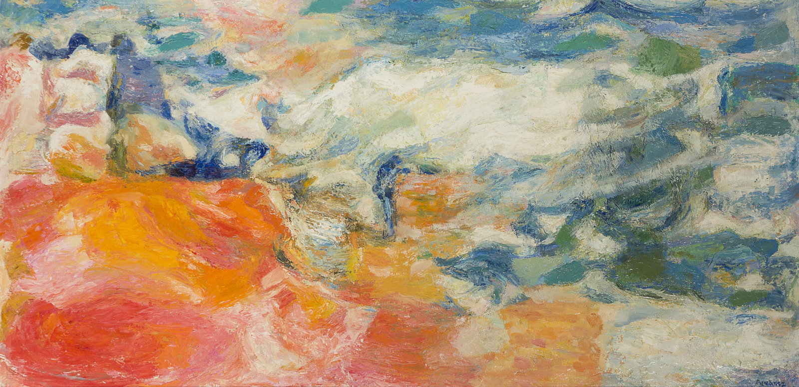 Mabel Alvarez (1891-1985 Los Angeles, CA): "Figures by the Sea," 1963 Oil on canvas Signed lower right: Alvarez, titled by repute 24" H x 48" W