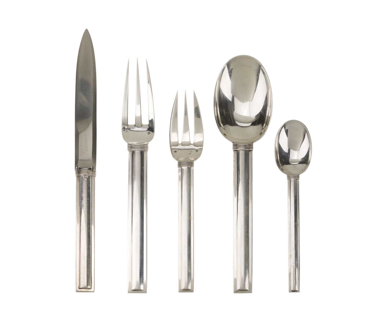 A French Jean Puiforcat "Cannes" sterling: Fourth quarter 20th century Each stamped for Jean Puiforcat; Further stamped with Minerva head mark Designed 1928 by Jean Puiforcat (1897-1945), comprising 8 dinner knives (9"), 7 dinner forks (8