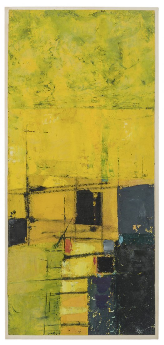 Donald Hamilton Fraser (1929-2009 British): Untitled (Yellow Abstract) Oil on paper laid to board Signed on label affixed verso: Donald Hamilton Fraser 15\" H x 6.75\" W
