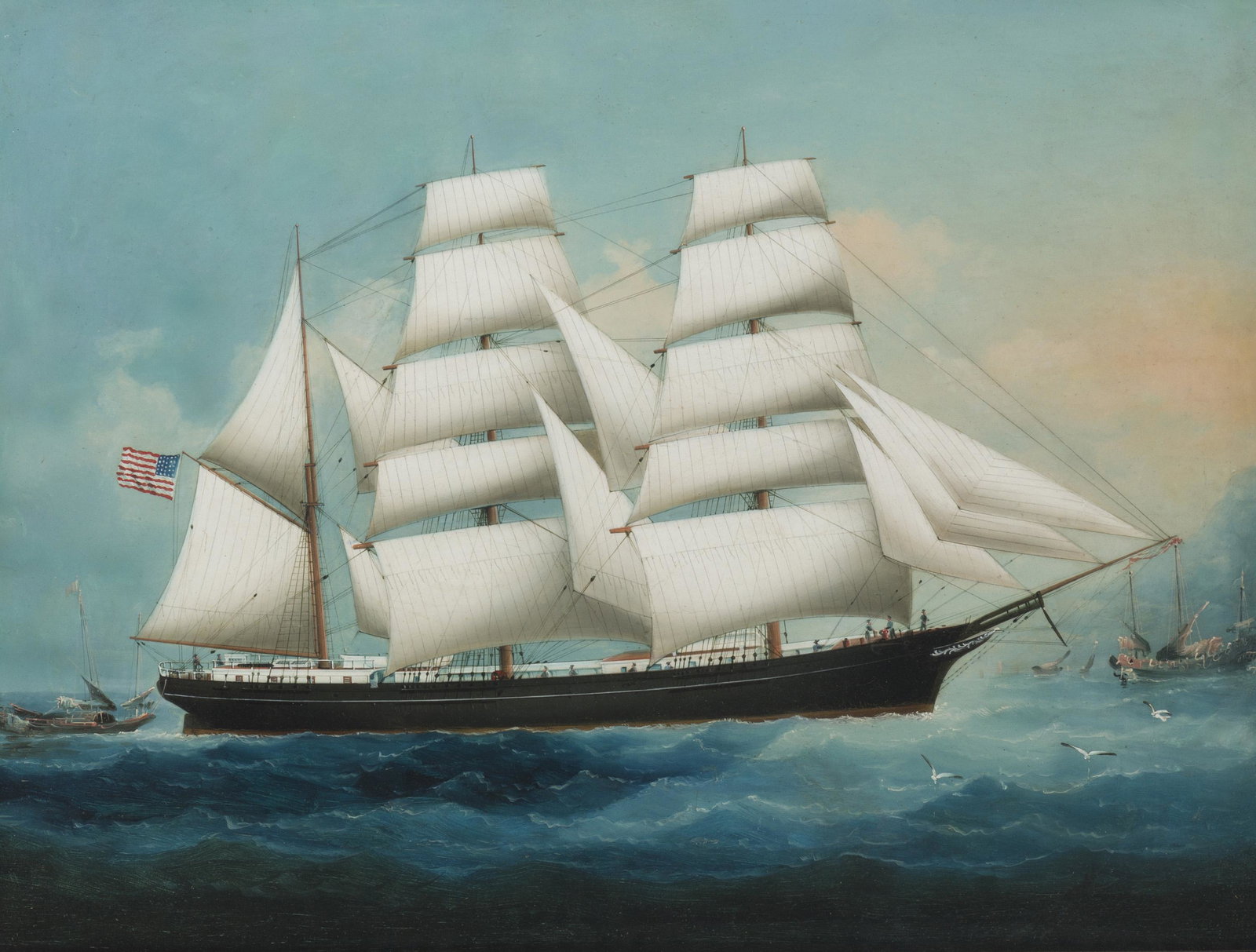 The Bark Navesink off Hong Kong: 19th Century Chinese School Oil on canvas laid to canvas under Plexiglas Unsigned, inscribed in another hand verso: Chaplain Stubbs / Tacoma 17.5" H x 23.25" W Provenance: Property from the Kelton col