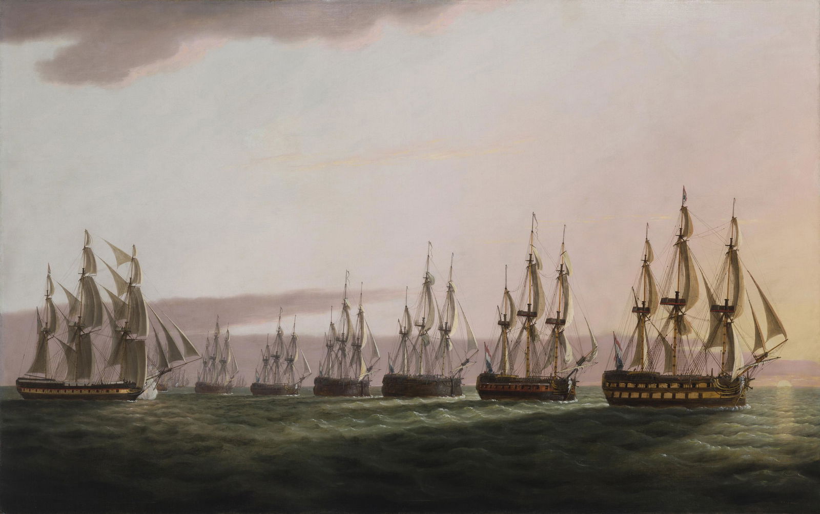 Thomas Luny (1759-1837 British): The General Goddard East Indiaman with the Dutch Fleet, 1800 Oil on canvas laid to canvas under Plexiglas Signed and dated lower right: T. Luny 46.75" H x 72.5" W Provenance: Property from the Ke