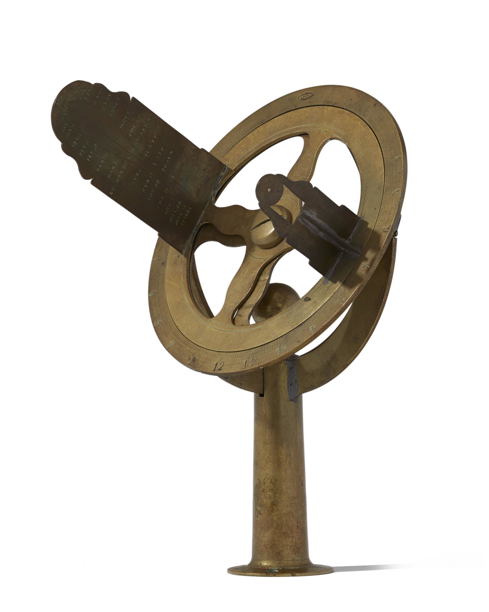 A French brass heliochronometer: First quarter 20th century Stamped: Franque Beaujeu Rhone 13" H x 8.5" W x 10.25" D Provenance: Purchased: Tesseract, Hastings-on-Hudson NY. Property from the Kelton collection.