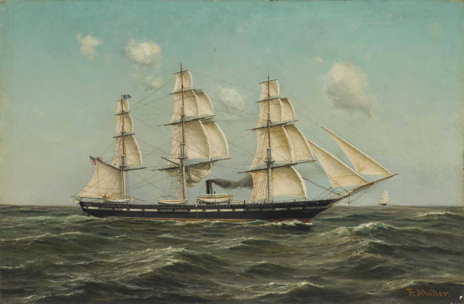 Fritz Muller (b. 1814-* German/American): Auxilliary Steam Frigate U.S.S. Franklin Oil on canvas under Plexiglas Signed lower right: F. Muller 20" H x 30" W Provenance: Property from the Kelton collection.
