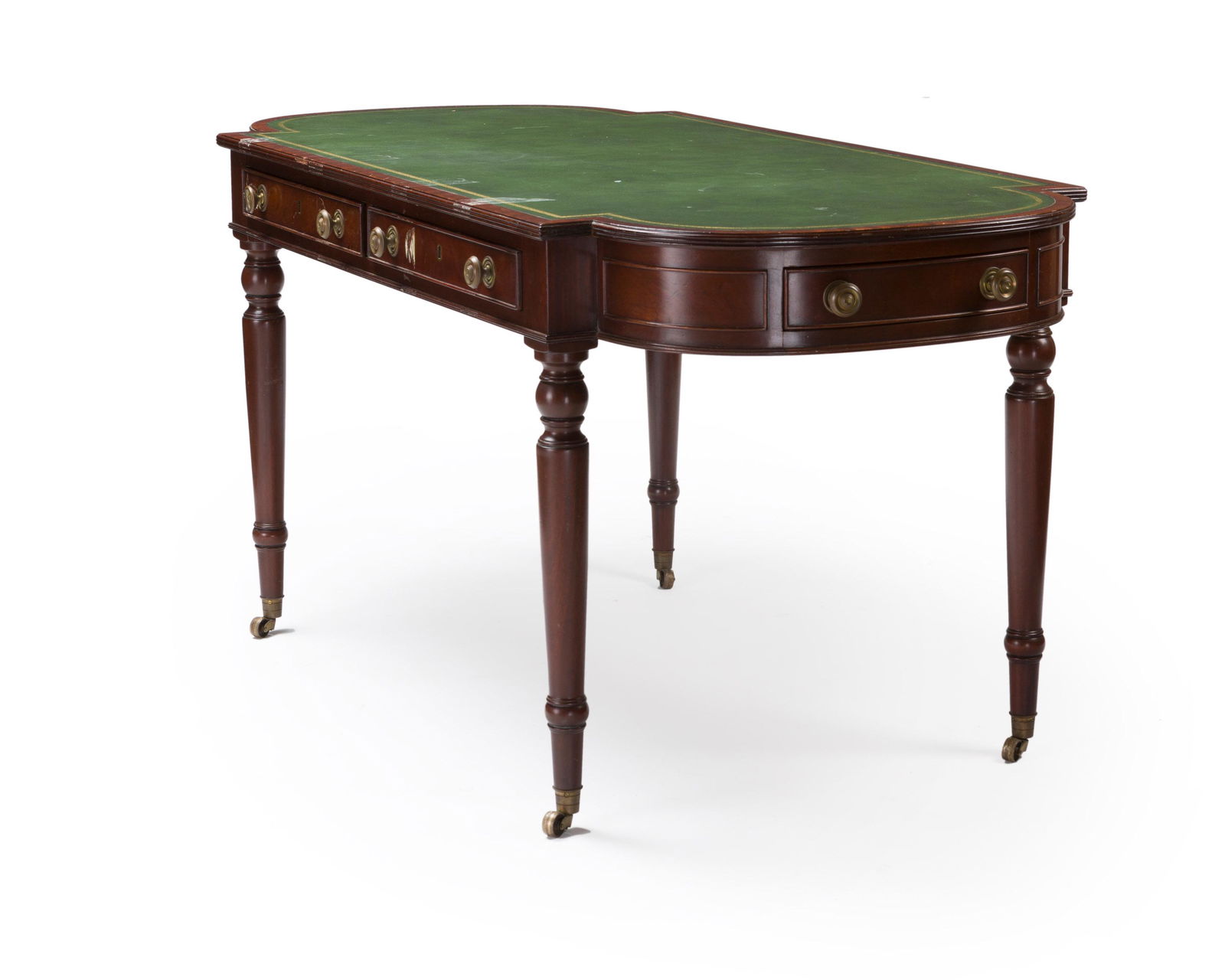 A Kittinger mahogany leather-topped library table: Third quarter 20th century Metal tag: Kittinger T438-WFP Inset green leather top over an arrangement of six drawers 29.5" H x 61.75" W x 30" D