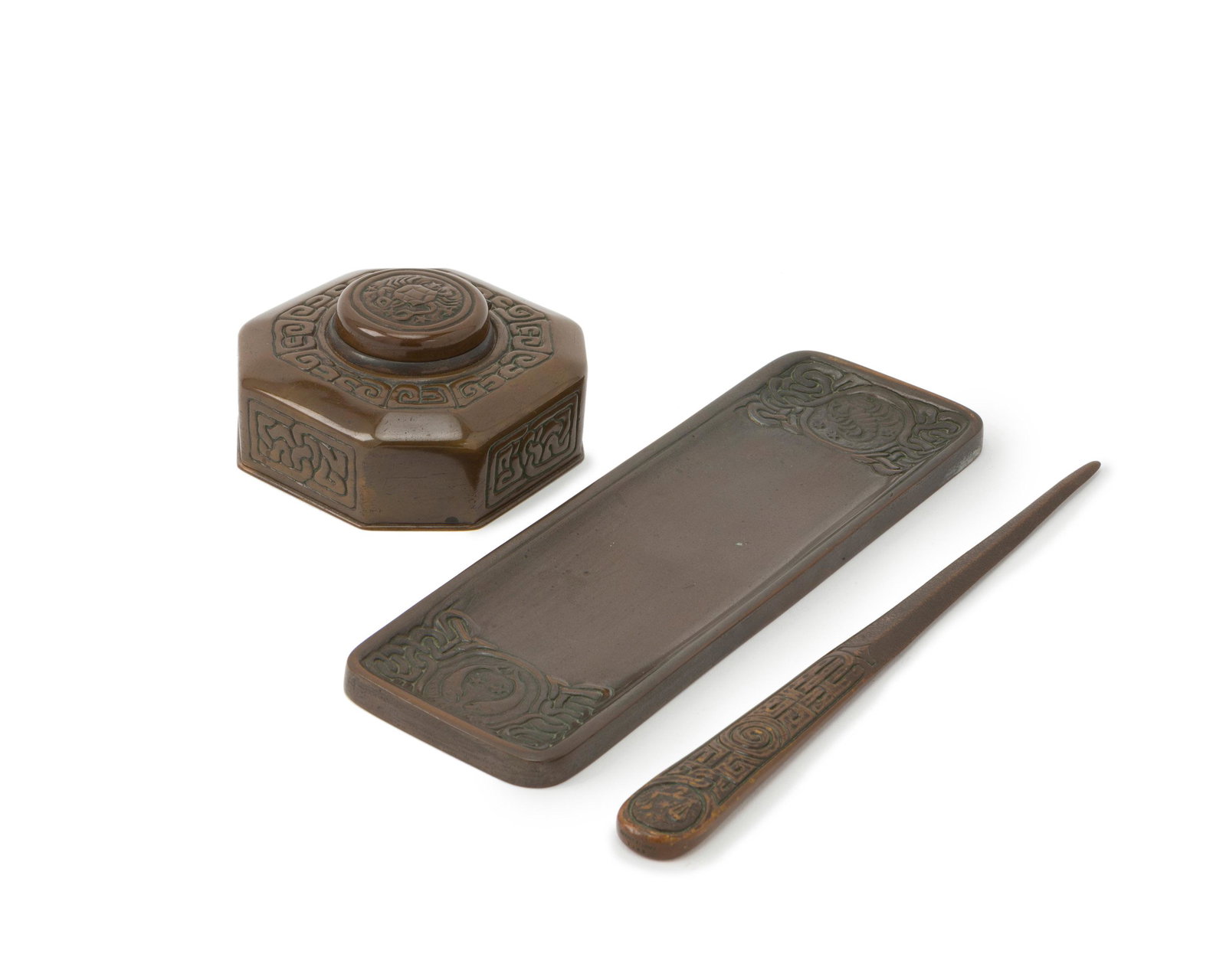Three Tiffany Studios "Zodiac" bronze desk items (1 of 3)