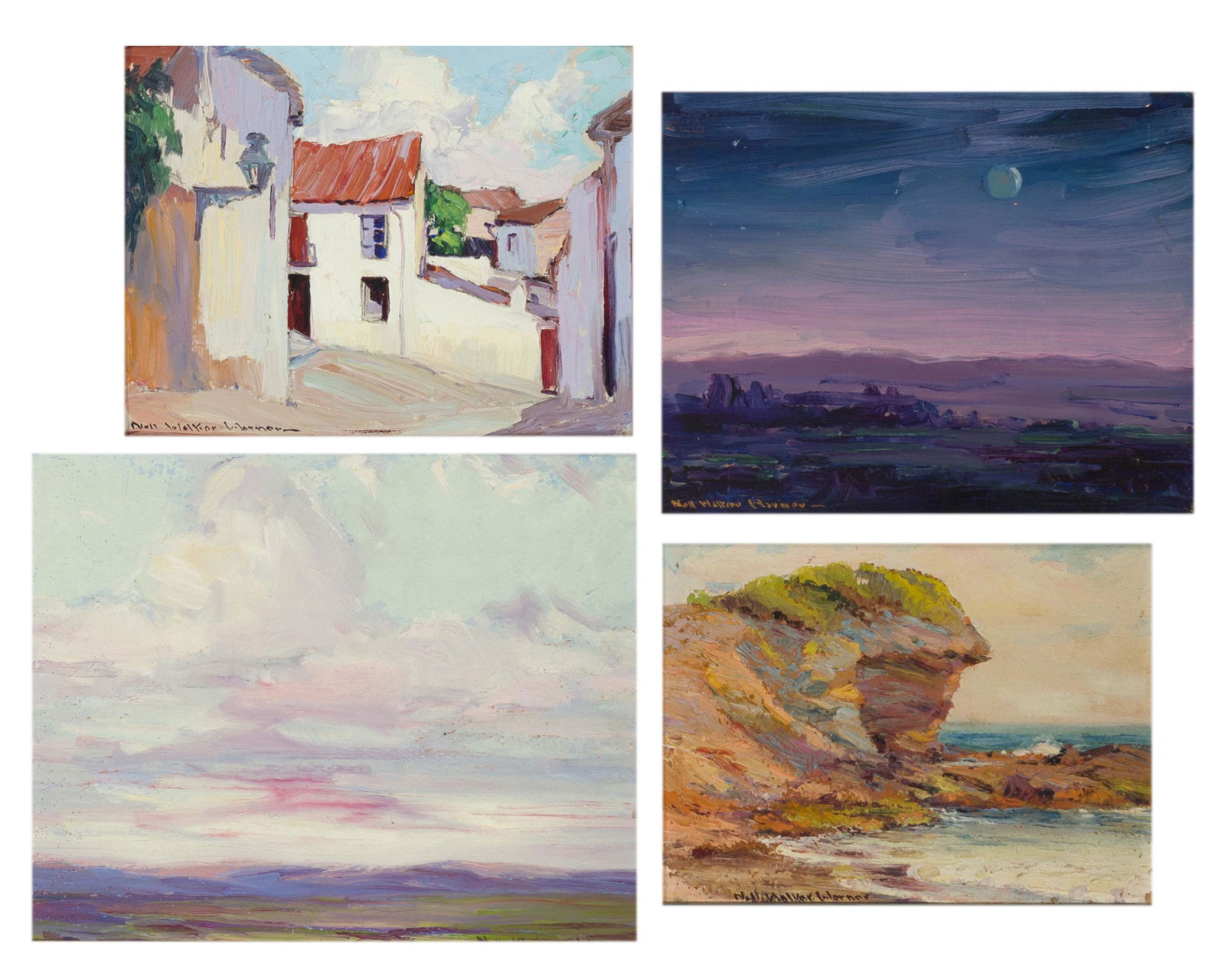 Nell Walker Warner (1891-1970 Carmel, CA): "Evening," "Night on the Desert," Coastal scene and Spanish style homes (four works) Each: Oil on board Signed lower left or lower right: Nell Walker Warner, two works signed again verso, two works
