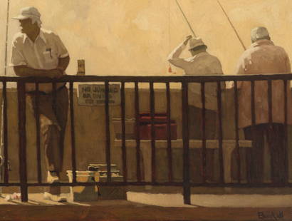 Richard Bunkall (1953-1999 Pasadena, CA): Pier scene with fishermen Oil on canvas Signed lower right: Bunkall, numbered on the stretcher: #799 22" H x 28" W