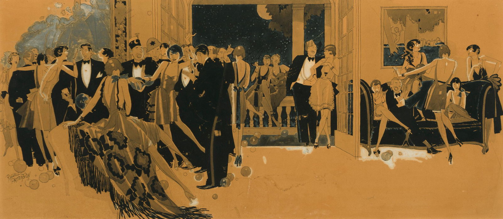 Russell Patterson (1896-1977 New York, NY): Party scene Pen and ink on board under glass Signed lower left: Russell Patterson Sight: 11.75" H x 26.75" W