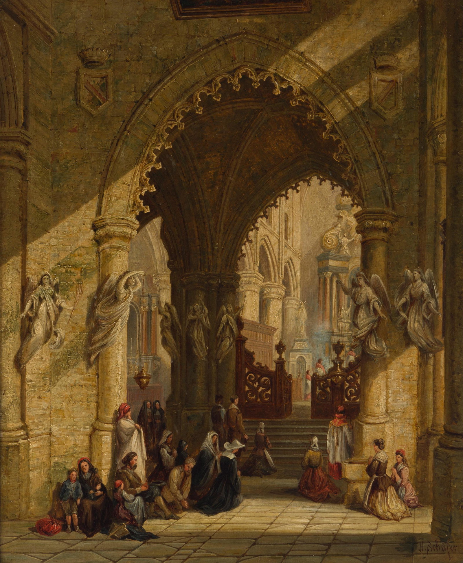Heinrich Hermann Schafer (1815-1884 German): Figures in a gothic church Oil on canvas laid to board Signed lower right: H. Schafer 24" H x 20" W