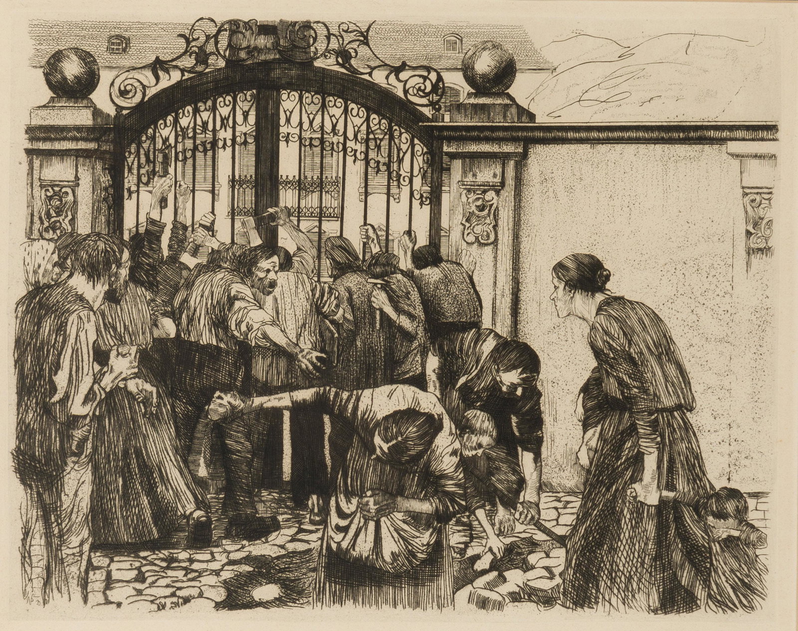 Kathe Kollwitz (1867-1945 German): "Sturm" Etching on paper under glass Unsigned, with the printer's blindstamp lower right Plate: 9.25" H x 11.5" W Literature: Klipstein 33; Knesebeck 37.