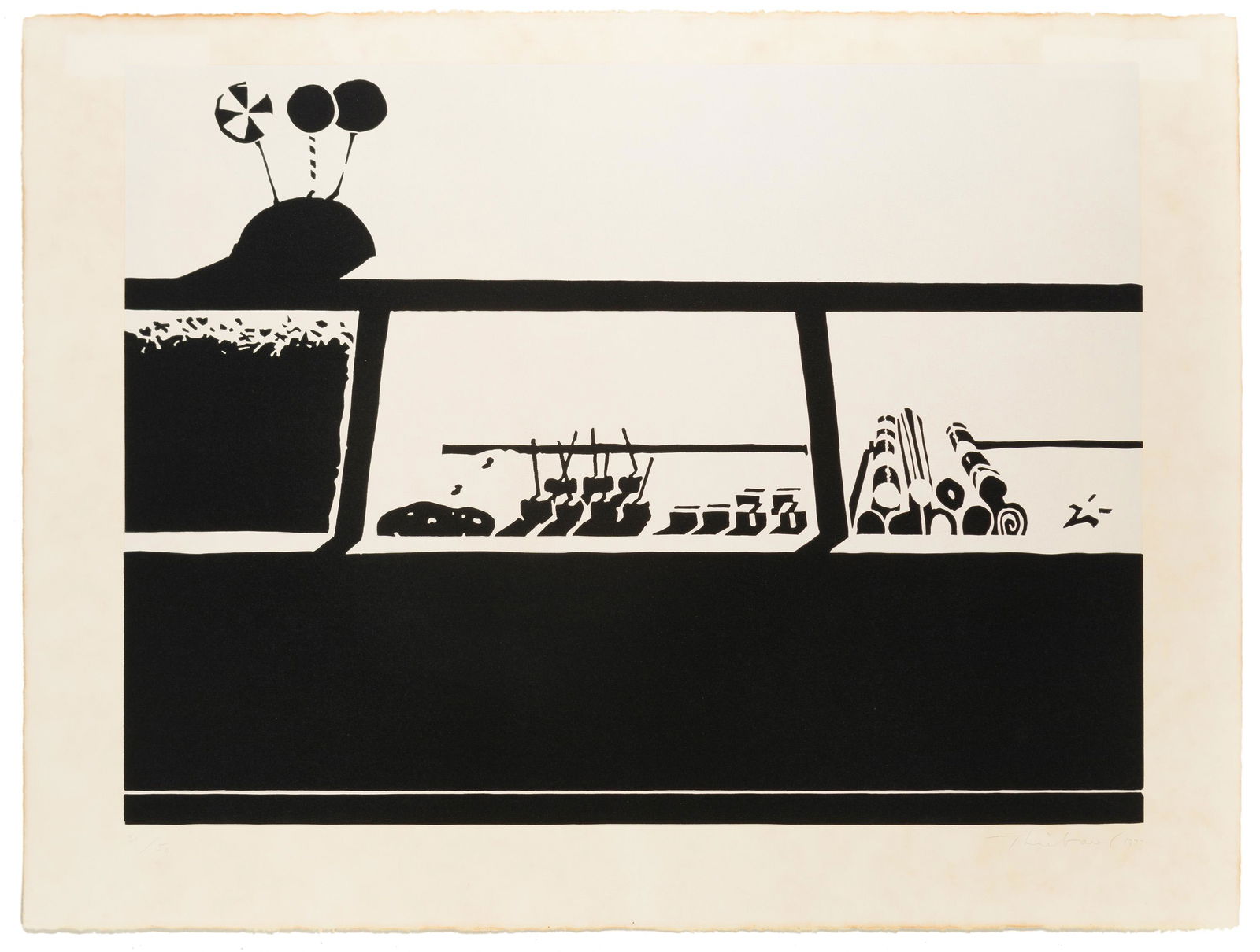 Wayne Thiebaud (b. 1920 American): "Candy Counter," 1970, from "Seven Still-Lifes and a Rabbit," Linocut in black and cream on Arches paper under Plexiglas; Parasol Press Ltd., New York, pub. Edition 31/50, signed and dated lower rig