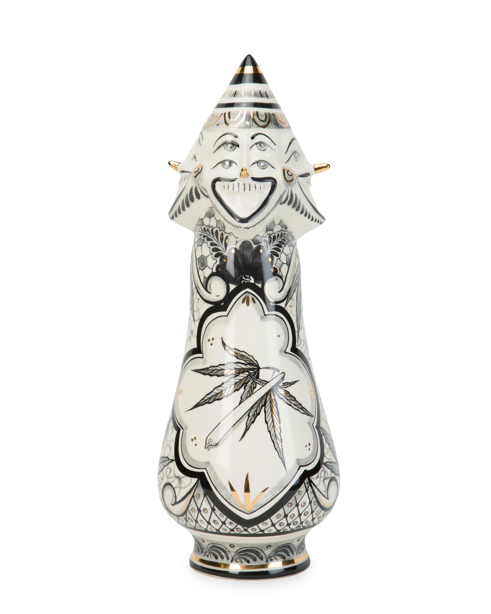 Eduardo Sarabia and Marcel Dzama (b. 1976 American) and: "There Should Be a Jester in The Game of Chess," 2016 Hand-painted glazed ceramic with 18k gold Multiple of 40 +15 APs, each unique 15.75" H x 5.5" Dia.