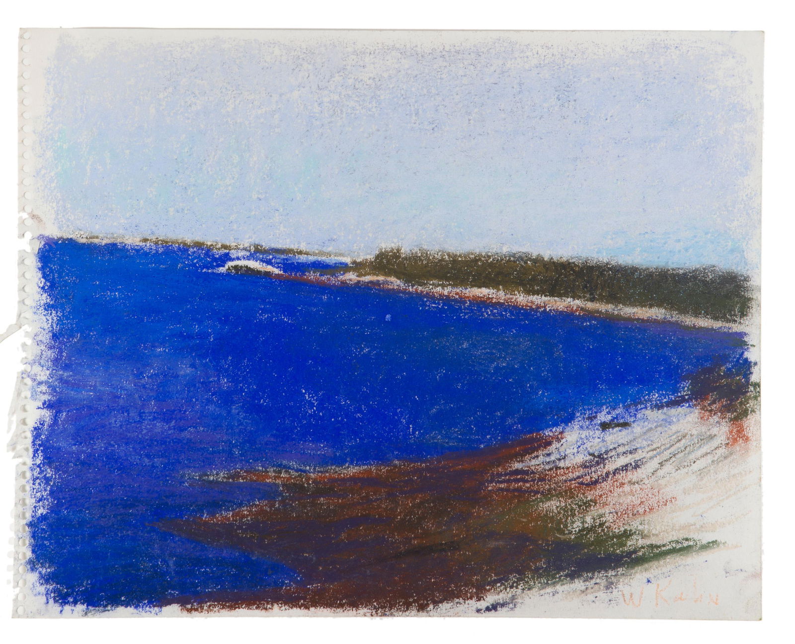 Wolf Kahn (b. 1927 American): "The Densest Blue of Maine Water" Pastel on paper under glass Signed lower right: W Kahn, titled on a gallery label affixed to the backing board Sight: 10.5" H x 13" W; Sheet: 11" H x 14" W Prove