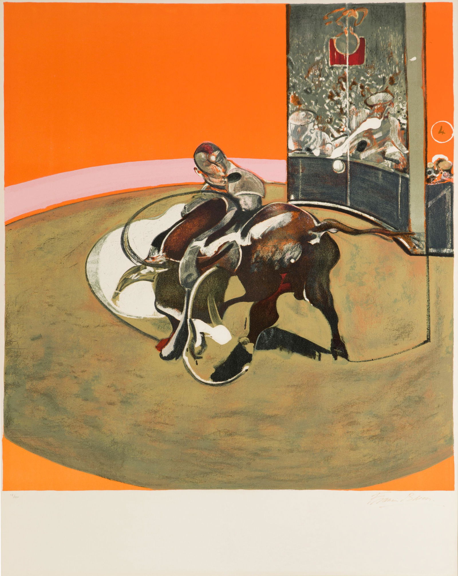 Francis Bacon (1909-1992 Irish/British): "Etude pour une corrida" (after "Study for a Bullfight No. 1," 1969), 1971 Lithograph in colors on Arches paper under Plexiglas; Musee du Grand Palais, Paris, pub. Edition 58/150, signed lower right