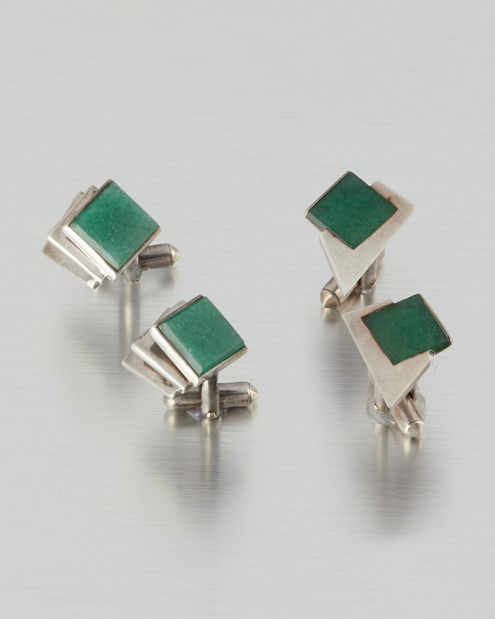 Two sets of Antonio Pineda silver and aventurine quartz: 1953-1979; Taxco, Mexico Crown mark for Antonio Pineda; Eagle 17; Further stamped: 970 / Silver / Sterling Comprising two pairs of geometric silver and aventurine quartz cufflinks, 4 pieces Larger: .8