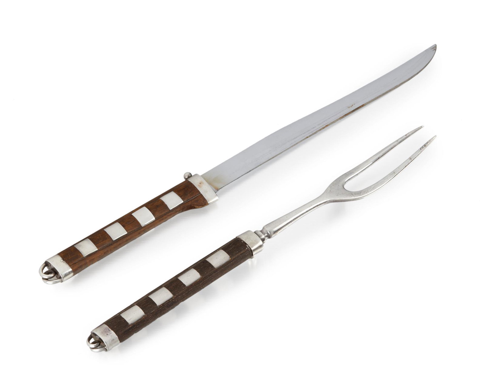 A William Spratling rosewood and sterling silver: 1964-1965; Third Design Period; Taxco, Mexico The fork stamped for William Spratling; Further stamped: 925 Comprising a knife and fork with an inlaid hardwood handle, 2 pieces Knife: 13.125"; Fork: 10
