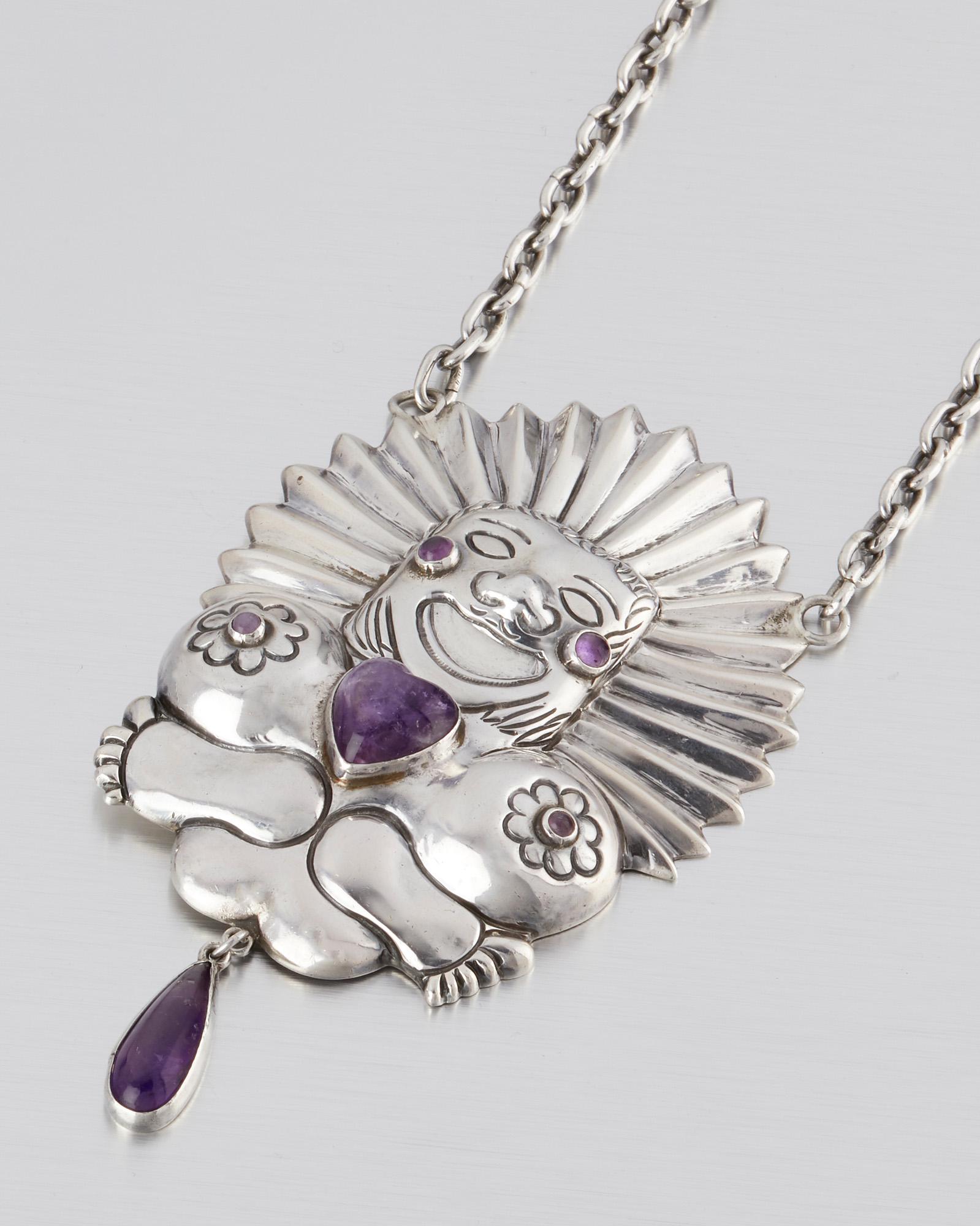 A Hubert Harmon sterling silver and amethyst necklace: 1942-1944; Taxco, Mexico Stamped: Hubertus; Further stamped: Sterling / Hand made / Taxco / Mexico The pendant necklace comprising a stylized female figure with amethyst detailing suspended on a sil