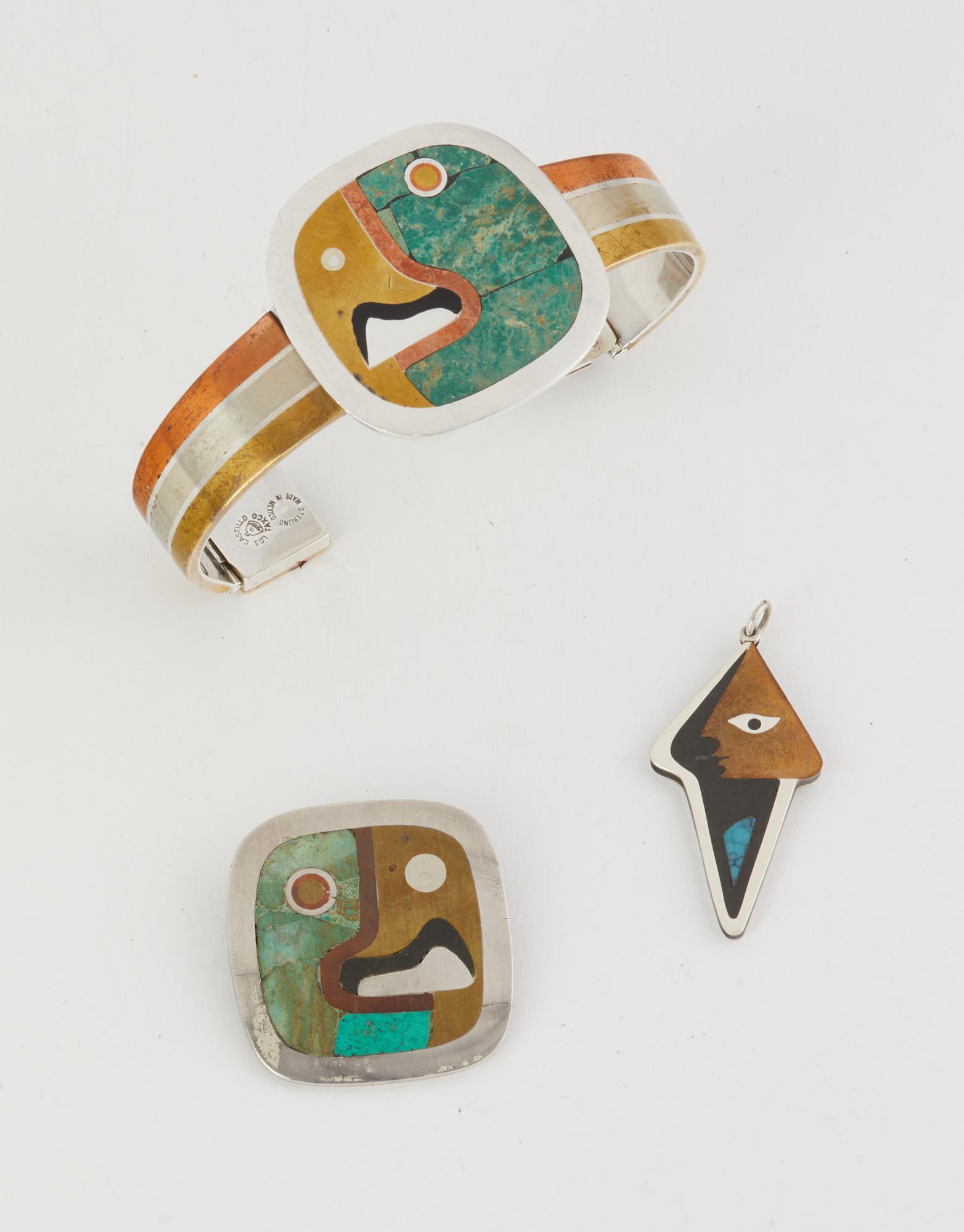 An assembled suite of Los Castillo mixed-metal and: 1948-1960; Taxco, Mexico Stamped: Los Castillo; Eagle 15 or 3; Further stamped: Taxco / Sterling / Made in Mexico / Partial stamp: Met Castillo / 63 / 071 / Hecho en Mexico Comprising a hinged bangle 