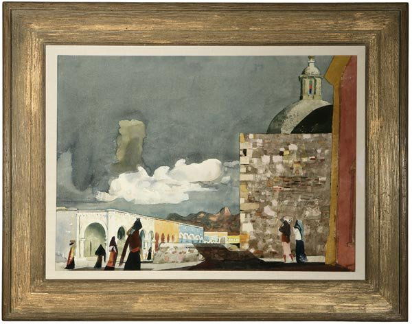 Millard Sheets (1907-1989): figures walking in a Mexican village, signed and dated lower left: 1963 Millard Sheets, watercolor on paper under glass, paper size: 22'' x 30'', est:$7000/10,000