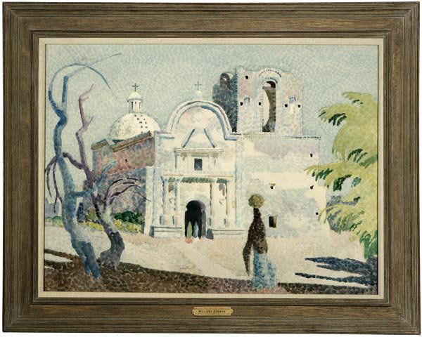 Millard Sheets (1907-1989): Mission San Jose de Tumacacori, signed lower left: Millard Sheets, signed again and titled on verso backing, watercolor on paper under glass, paper size: 22.5'' x 30'', est:$7000/9000. Provenance: Des