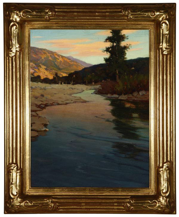 John Marshall Gamble (1863-1957): stream in sunset landscape, unsigned, oil on canvas, 16'' x 12'', est:$15,000/20,000. Provenance: G. Breitweiser, Studio 2, Santa Barbara, CA